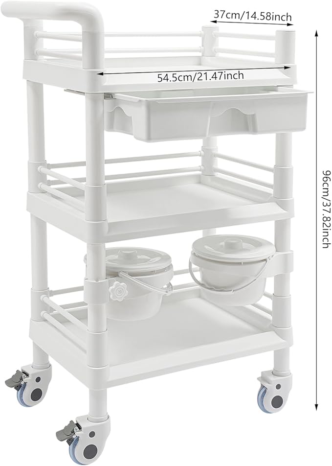 Salon Storage Cart, 3 Tier Rolling Beauty Organizer with 2 Garbage Baskets & 1 Drawer, 80kg/176.37lbs Capacity, Movable Storage Trolley for Beauty Salon SPA (White)