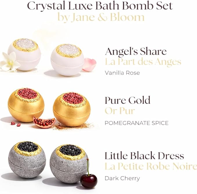Crystal Luxe Bath Bomb Gift Set for Women, 6 Large Moisturizing Bath Bombs with Natural Oils, Luxury Home Spa Fizzies for Relaxation, Self Care, Birthday & Mothers Day Gifts