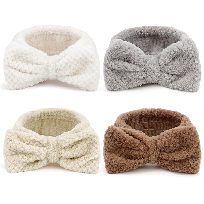 AHONEY 4 Pack Skin Care Facewash Headbands Women Girls Microfiber Spa Elastic Towel Facial Makeup Headbands for Washing Face (Bow)