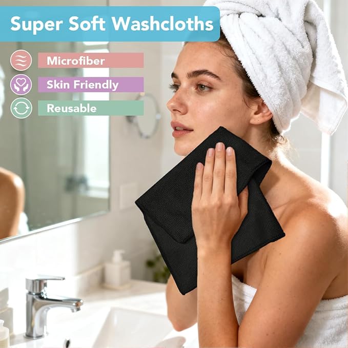 Orighty Washcloths, 5 Pack Microfiber Face Towels, Highly Absorbent and Soft Feel Wash Cloths & Hand Towels for Bathroom, Hotel, Spa, and Gym, 11.5x11.5 Inch, Black