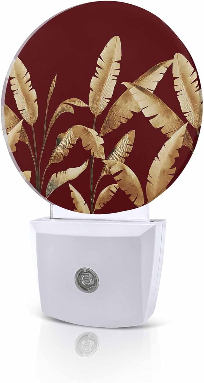 Night Lights Auto Sensor Golden Foliage Night Light Red Minimalist Leaf Round Lamp Plug-in LED Nightlights Dusk to Dawn for Living Room Bedroom Bathroom Hallway Wall Decor