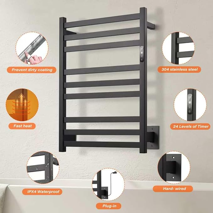 9-Bar Towel Warmer, Wall-Mounted Electric Heated Rack for Bathroom, 24-Hour Timer Smart Switch, 304 Stainless Steel Heated Towel Holder, Hard Wired an Plug in Electric Heated Dryer