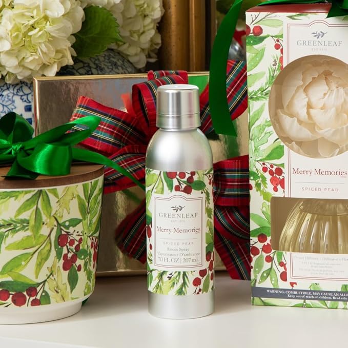 Greenleaf Gifts Merry Memories Holiday Scented Room Air Freshener Spray | Non-Aerosol 7 oz Spray | Seasonal Christmas Air Freshener for Home | Home Fragrance for Bedroom & Bathroom