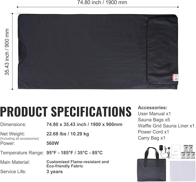 Happybuy Sauna Blanket for Home Detox, Portable with Heating & Adjustable Temp, 95-185℉, 1-60 Min Timer, 74.8X 35.43in
