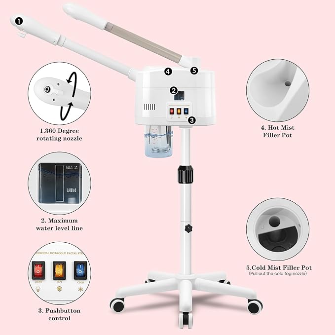 2 in 1 Facial Steamer with Cold & Hot Mist, Professional Face Steamer with Timer Function, and Adjustable Height for Spa, Salon, and Home Use