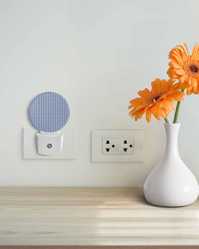 Night Lights Auto Sensor Blue Pinstripes Night Light Woven Denim Striped Round Lamp Plug-in LED Nightlights Dusk to Dawn for Living Room Bedroom Bathroom Hallway Wall Decor