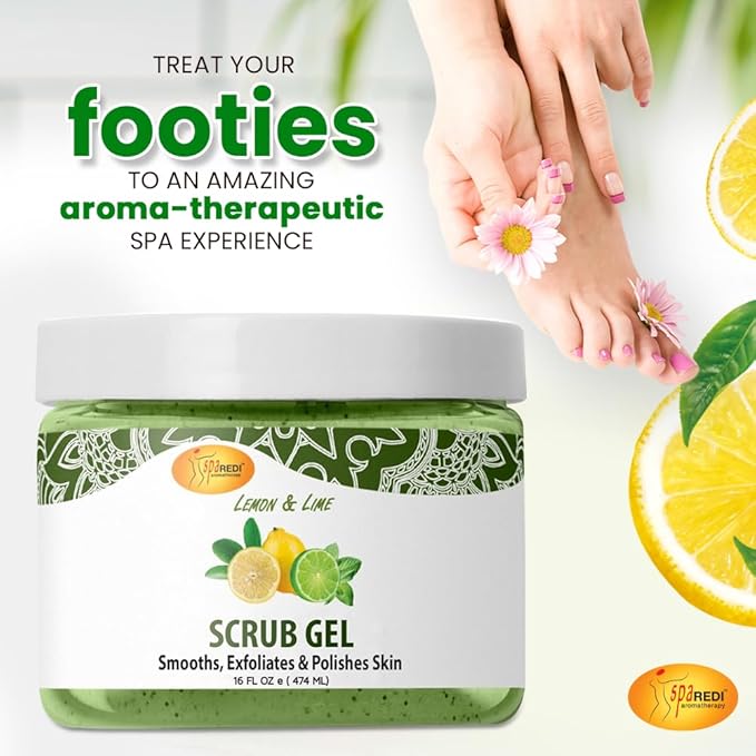 SPA REDI – Exfoliating Scrub Pumice Gel, Lemon & Lime, 16 Oz - Manicure, Pedicure and Body Exfoliator Infused with Hyaluronic Acid, Amino Acids, Panthenol and Comfrey Extract