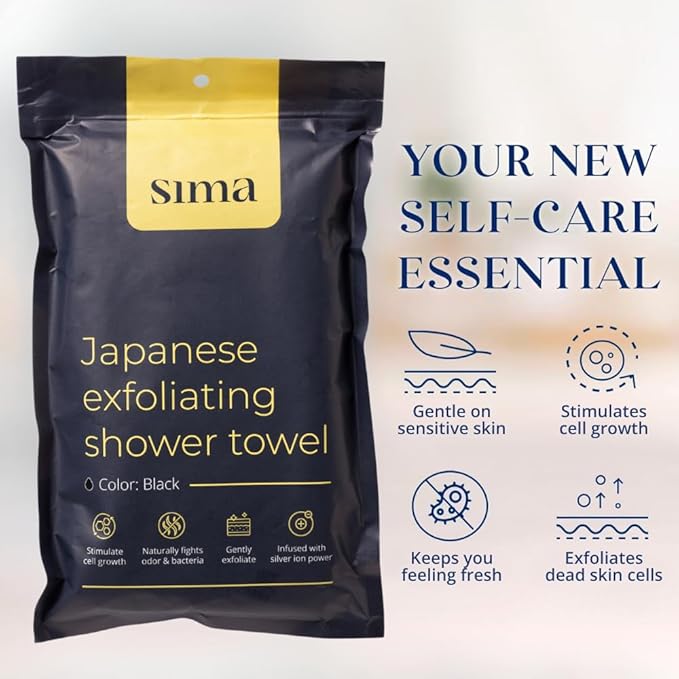Sima Brand Exfoliating Washcloth Face & Body Scrub Towel - Japanese Exfoliating Towel with Hexagon Fibers, Body Scrubber with 2 Sides for Scrubbing & Washing, Extra Long Towels (Black, 2 Pack)