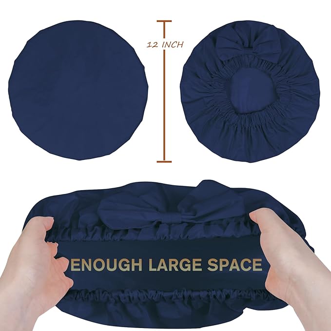 Shower Cap for Women, Cute Bow Waterproof Reusable Bath Cap, Non-Slip Anti Humidity, Roomy Anti-Frizz for Short Medium Wavy Hair, Soft Elastic & Machine Washable, Navy Blue