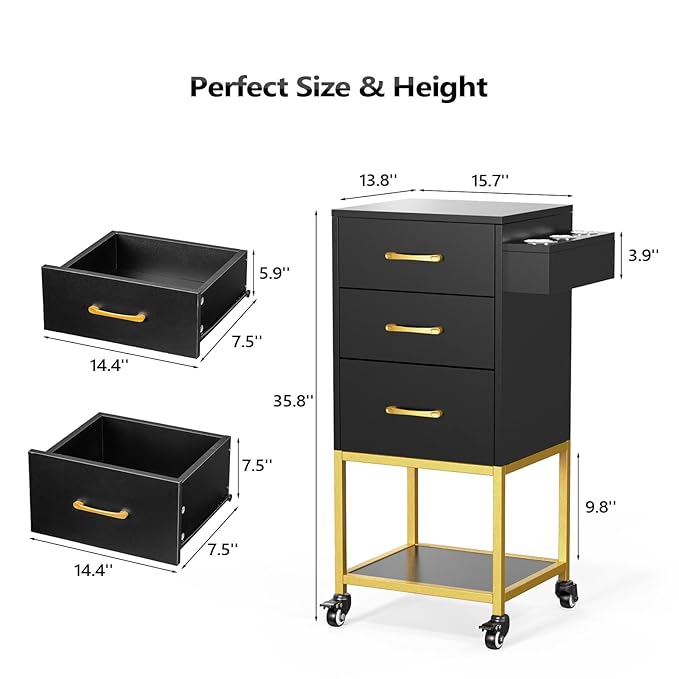 OmySalon Beauty Salon Storage Trolley Cart, Salon Station for Stylist, Wooden Hair Cabinet with Dryer Holder & Drawer, Hairdressing Tools Organizer Equipment for Spa Barbershop Lash Tattoo, Black