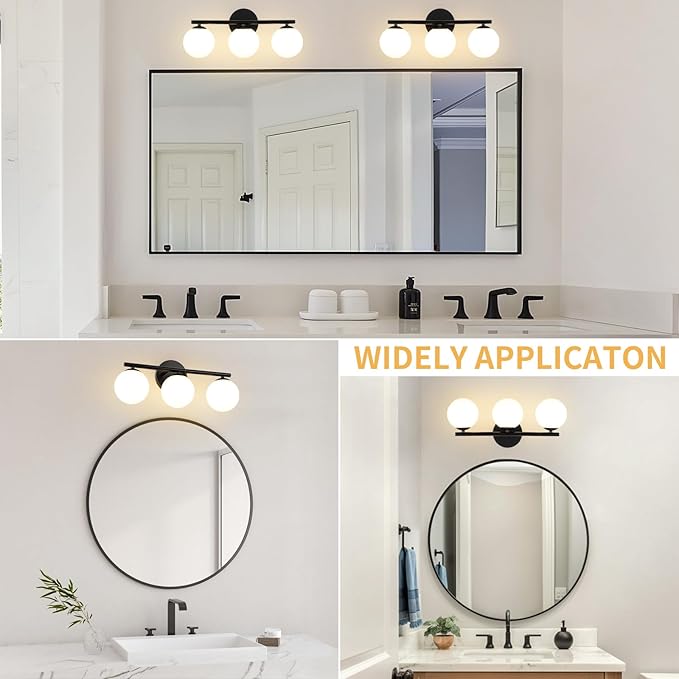 Black Globe Bathroom Light Fixtures 3-Light Vanity Light with Plastic Milk White Globe Shades 11.81 inch Wall Sconce Lighting Over Mirror, Vanity Lights for Bathroom Bedroom Hallway