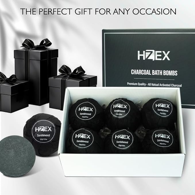 HZEX Charcoal Activated Bath Bombs for Men – Detox with Handmade Organic 6 Pack Bath Bomb Set, up to 3 Scents (Sandalwood, Bergamot, Ocean), Individually Wrapped (Sandalwood)
