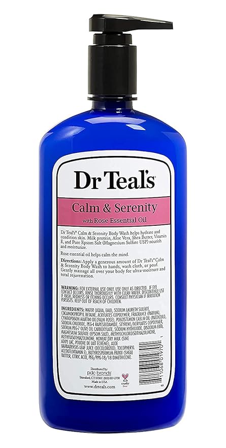 Dr Teal's Calm & Serenity Body Wash with Milk & Rose Essential Oils (1 Bottle, 24 oz) - Pure Epsom Salt, Aloe Vera, Shea Butter, Vitamin E, & Milk Protein Nourish and Moisturize Skin - Calm the Mind
