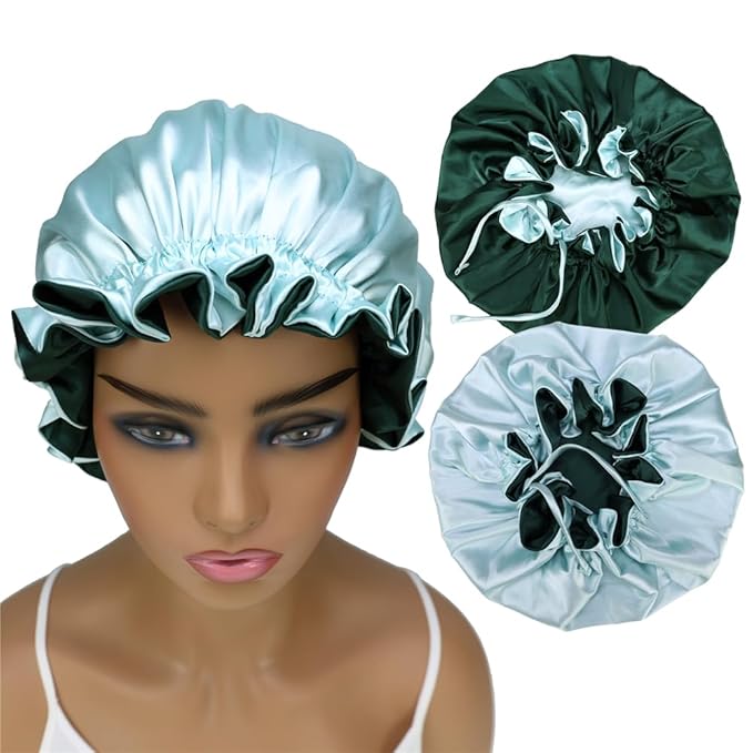 Adjustable Silk Satin Bonnet Hair Care Caps for Women Girls Loose-fitting Reversible Sleeping Cap Shower Caps Hair Wrap Bonnets (007 Aqua/Hunter)