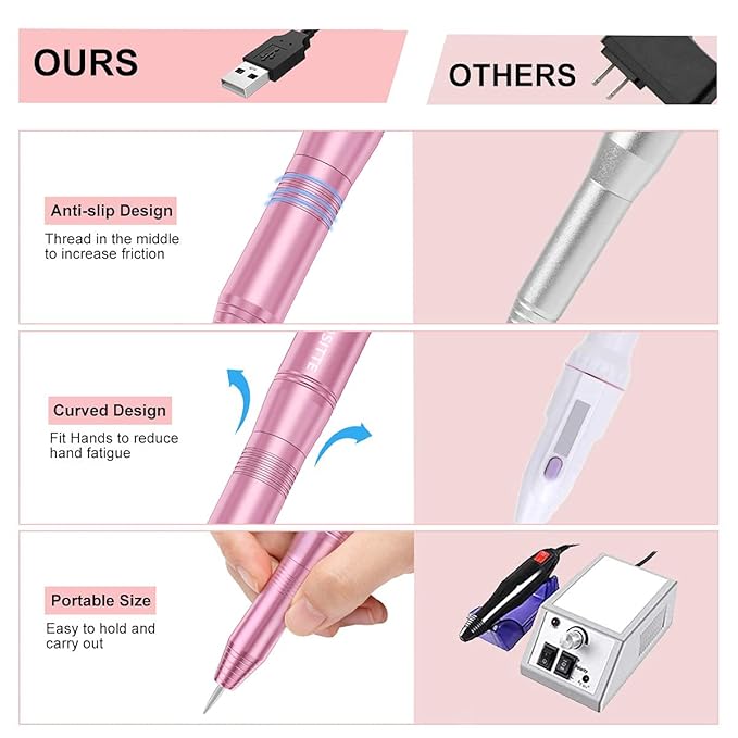 COSITTE Electric Nail Drill,USB Electric Nail Drill Machine for Acrylic Nail Kit,Portable Electric Nail File Polishing Tool Manicure Pedicure Kit Efile Nail Supplies for Home Salon,Pink