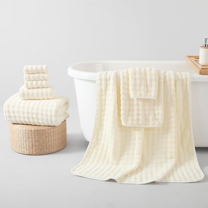REDKISS 8-Piece Soft Bath Towel Sets, Extra Large 2 Bath Sheet (35×70 in), 2 Hand Towel, 4 Washcloth, Microfiber Quick Dry & Absorbent, Cream Towels for Bathroom