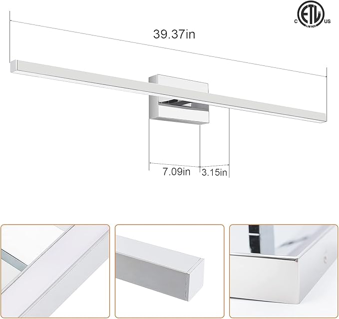 VOLISUN Modern Over Mirror Chrome Bar Vanity Light - Dimmable 5CCT LED Fixture, 39.4 inch, 24W - ETL Certificated
