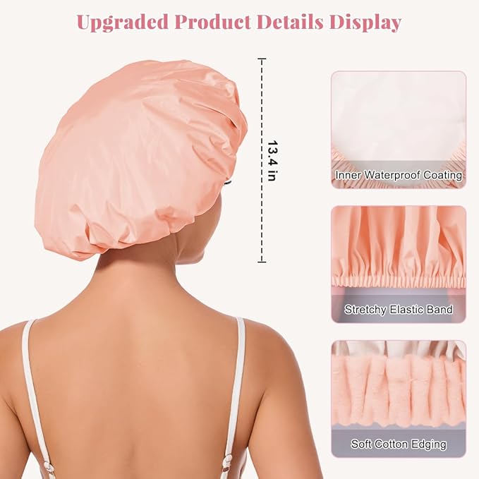 Shower Cap for Women Waterproof Reusable, Large Shower Cap Non-Slip with Elastic Band, Washable Bath Hair Hat for Long Hair, Braids (Flesh Pink)