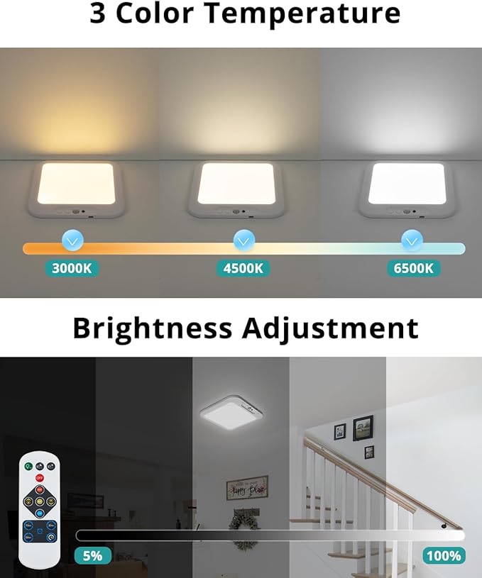 wowatt Rechargeable Battery Operated Ceiling Light, Motion Sensor Light Indoor Wireless Shower Lamp with Remote 3000K 4500K 6500K Dimmable Timing for Closet, Shower, Hallway, Patio