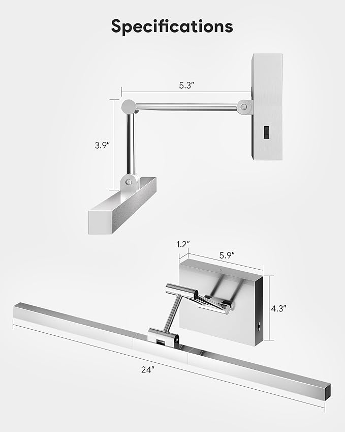 VONLUCE 24" LED Bathroom Vanity Light, 3CCT Modern LED Vanity Lights with 360° Rotatable Head & Swing Arm, 10.3W Bathroom Light Fixture Over Mirror, LED Lights for Bathroom Bedroom, Brushed Nickel