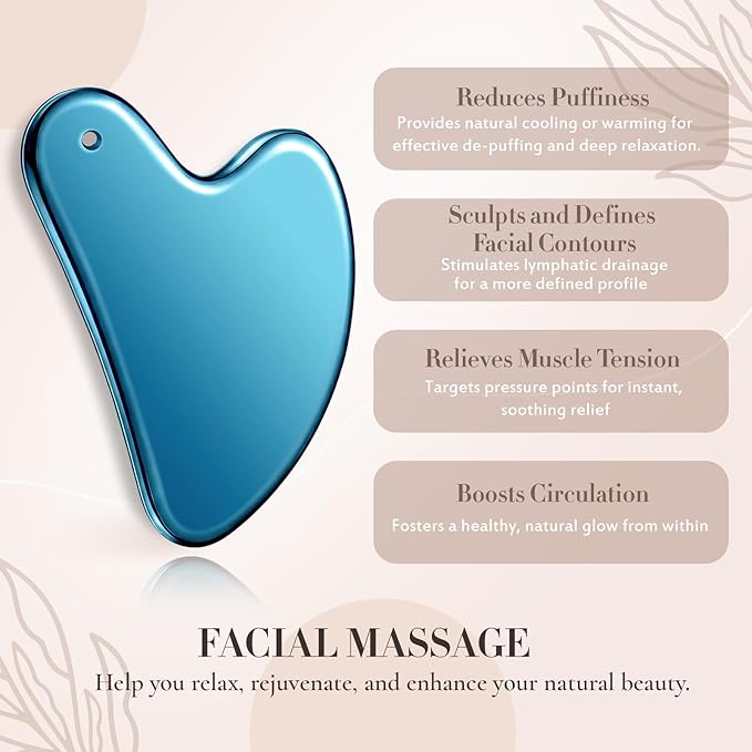 Nuanchu Stainless Steel Gua Sha Facial Tool, Metal Gua Sha for Lymphatic Drainage, Guasha Face Sculpting Double Chin Reduce with Pouch Mother Day Self Care Gift(Blue)