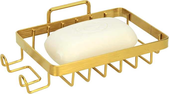 Snailhouse Soap Dish for Shower, Wall Self Draining Adhesive Hanging Stainless Steel Bathroom Bathtub Bar Soap Holder Tray Caddy with 2 Hooks, Gold