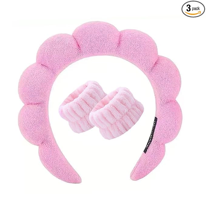 Spa Headband and Wristband Set for Women,Terry Cloth Sponge Headband for Washing Face,Makeup,Facial Mask and Skincare (Pink, One Size)