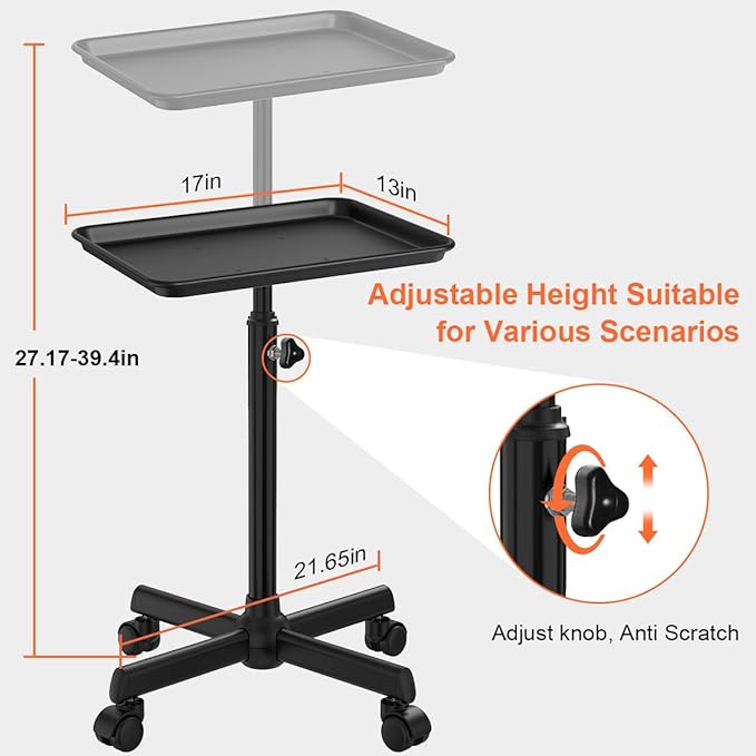 Salon Tray Cart Tattoo Tray Rolling Cart, Service Rolling Tray, Height Adjustable Styling Tray, Storage Tray Trolley for Beauty Salon Clinic Spa (Black)