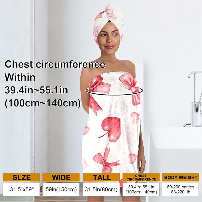 Valentine Heart Bow Bath Wrap and Hair Drying Turban Set – Soft Microfiber Shower Skirt with Elastic Waist Quick Dry Spa Towel for Women Girls Gift (Bow 7)