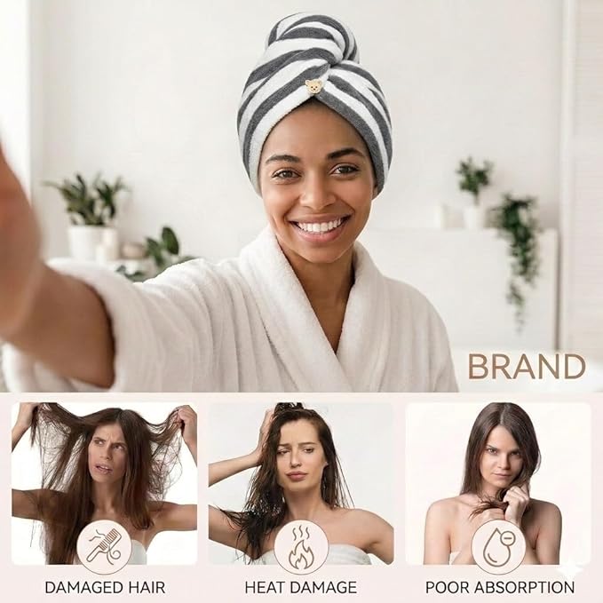 3 Pack Microfiber Hair Towel Wrap for Women, Fast Drying Hair Turban with Button, Anti-Frizz Large Hair Towel for All Hair Styles, Soft & Absorbent Hair Drying Towel