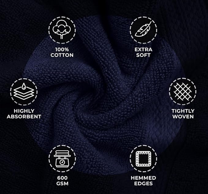 Avalon Towels Navy Blue Bath Towels Set of 4 pcs (27x54 inches), 100% Cotton Towel Absorbent and Quick Dry Navy Towel for Bathroom, Super Soft and Perfect for Daily Use