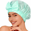 Shower Cap for Women, Cute Bow Waterproof Reusable Bath Cap, Non-Slip Anti Humidity, Roomy Anti-Frizz for Short Medium Wavy Hair, Soft Elastic & Machine Washable, Aqua