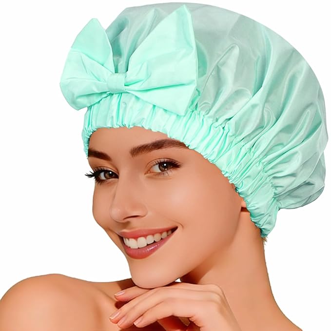 Shower Cap for Women, Cute Bow Waterproof Reusable Bath Cap, Non-Slip Anti Humidity, Roomy Anti-Frizz for Short Medium Wavy Hair, Soft Elastic & Machine Washable, Aqua