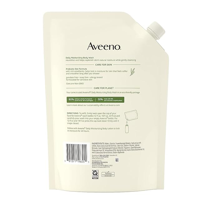 Aveeno Daily Moisturizing Body Wash for Sensitive Skin + Prebiotic Oat, Gently Cleanses, Nourishes & Feels Moisturizing Dry Skin, Light Fragrance, Refill Pouch, 36 fl. oz (Pack of 3)