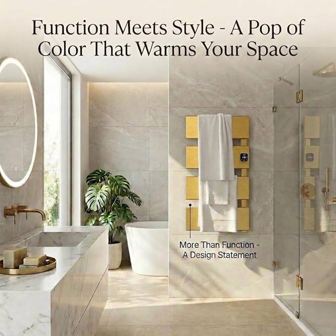 Electric Towel Warmer, Heated Towel Rack with Thermo Control and Timer, Fast Heating Towel Rail for Bathroom with Memroy Function, Work with Smart Plug, Right-Wiring, 4 Panel, Gold
