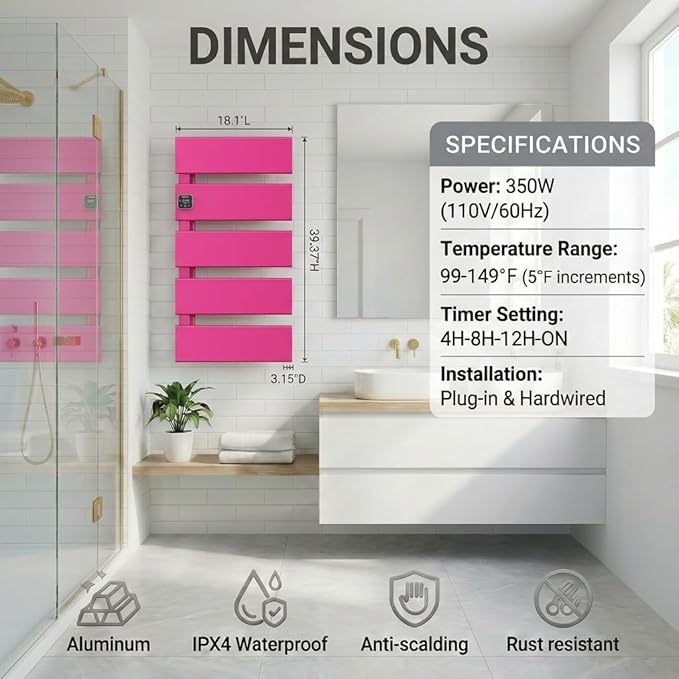 Electric Towel Warmer, Heated Towel Rack with Thermo Control and Timer, Fast Heating Towel Rail for Bathroom with Memroy Function, Work with Smart Plug, Left-Wiring, 5 Panel, Pink
