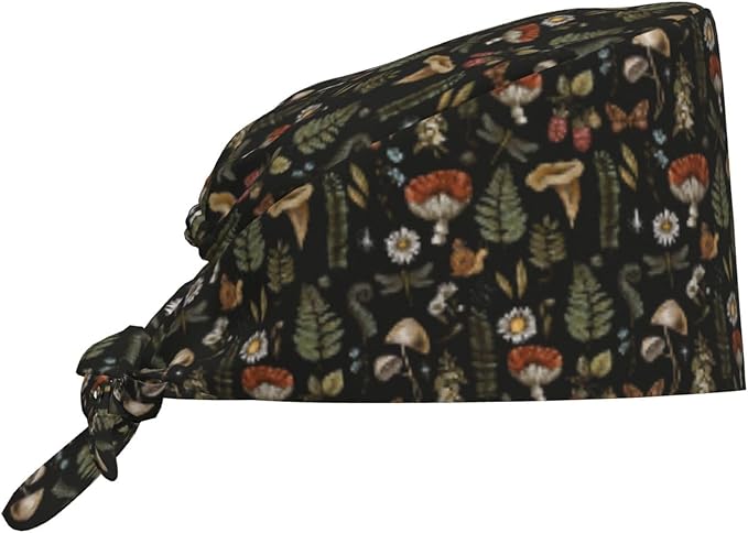 Scrub Cap for Women and Men Boho Black Leaf Pattern Adjustable Breathable Sweatband Hat for Work Kitchen Spa Shower Daily Use
