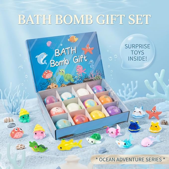 Bath Bombs with Surprise Inside, 6/12 Pack Fizzy Bubble Bath Gift Set, Dinosaur Egg & Ocean Theme Bath Fizzies, Natural Sea Salt Color Changing Spa Easter Bath Balls (Sea Animal 12PC)
