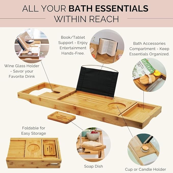 Bath Pillow and Bathtub Tray Set for Tub | Luxurious, Relaxing Home Spa Accessories with Bath Tub Pillows for Head and Neck, Foldable Bath Tray Caddy Organizer | Relaxation Gifts for Women Self Care