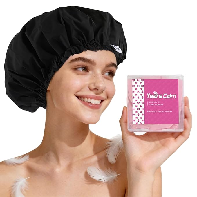 Years Calm Shower Cap for Women Waterproof Reusable – 27g Ultra Lightweight Double-Layer Shower Bonnet, Secure Fit for Long, Curly Hair, Travel & Spa (Black)