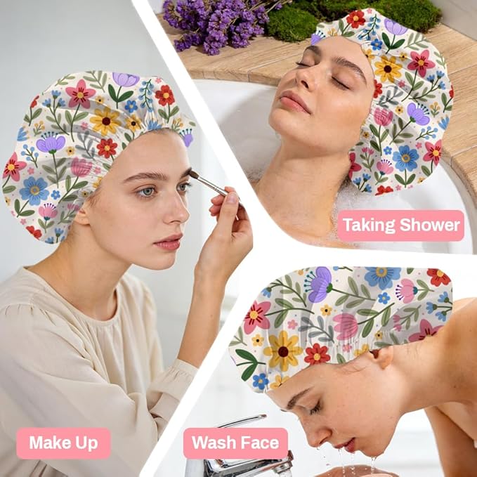 Bohemian Floral Patterns Reusable Shower Cap Cute Double Layer Waterproof Shower Caps Large Elastic Hair Cover Adjustable Hair - Drying Caps for Woman Bath SPA Travel One Size Fits Most