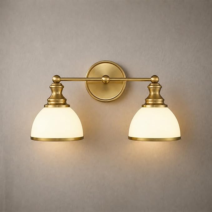 Hamilyeah 2-Light Gold Bathroom Vanity Light, Brushed Gold Wall Light Fixture with Milky White Glass Shades, Vintage Vanity Lighting for Bathroom, Powder Room, Bedroom, Hallway