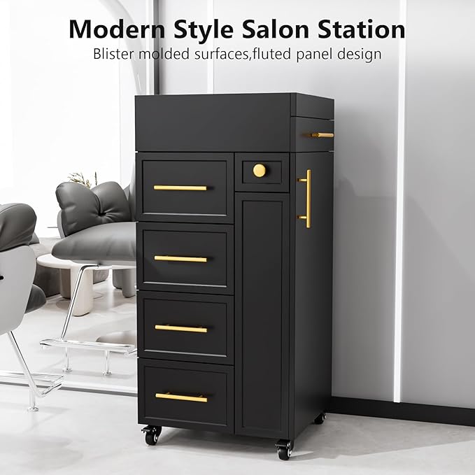 OmySalon Salon Trolley Cart, Hair Styling Station with 5 Drawers, 3 Tool Holders & Adjustable Shelf, Mobile Storage Cabinet Utility Trolley for Barber, Beauty Spa, Home (Black)