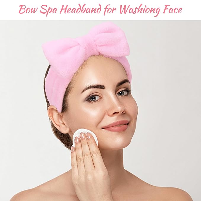 Ondder Spa Skincare Headband for Women - Pink & Beige Bow Design, Makeup & Face Wash Hair Band,8 Pack