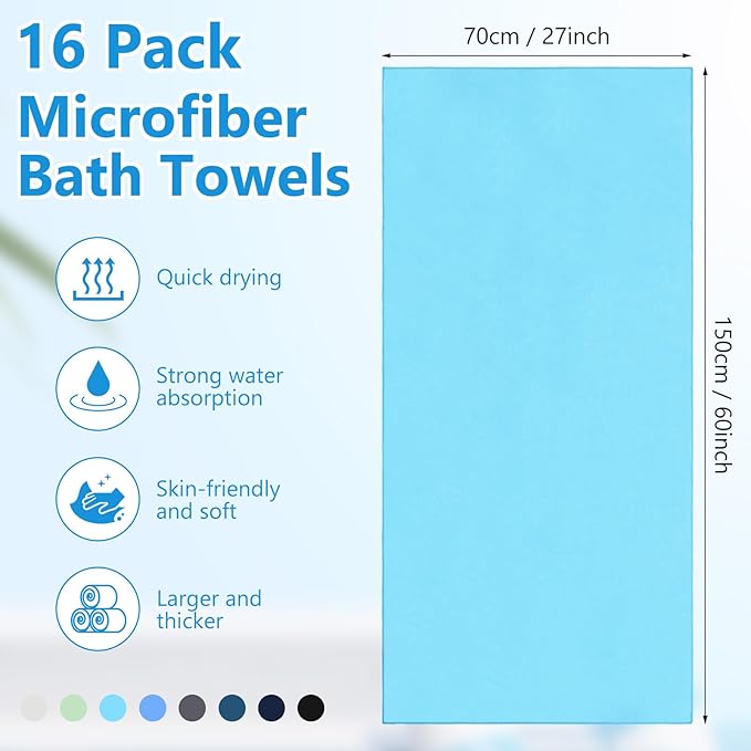 SmoothNovelty 16 Pack Microfiber Bath Towels Bulk 27'' x 60'' Oversized Beach Towel Highly Absorbent Extra Large Soft Drying for Shower Pool Salon Sauna Bathroom Gym Party (Simple,Multicolor)