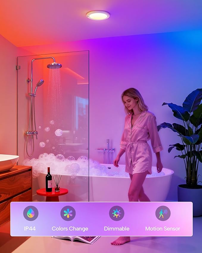 wowatt Rechargeable Shower Light with Remote, RGB Colors Changing & White Light for Shower, Shower Lights for Inside Shower with Motion Sensor, IP44 Waterproof Lights for Shower Closet Bedroom