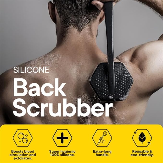 TOOLETRIES Silicone Back Scrubber for Shower – Exfoliating Back Brush for Men with Long Handle, Non Slip Grip – Body Washer to Clean Hard to Reach Areas, Durable Bath Accessory - Charcoal