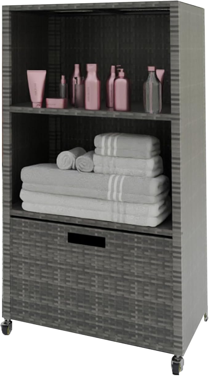 HOOYEAH Pool Towel Rack Outdoor, Waterproof PE Plastic Rattan Wicker Pool Storage Bins Storage Cabinet Organizer, Poolside Towel Caddy with Rolling Wheels for Hot Tub Spa Accessories,Grey