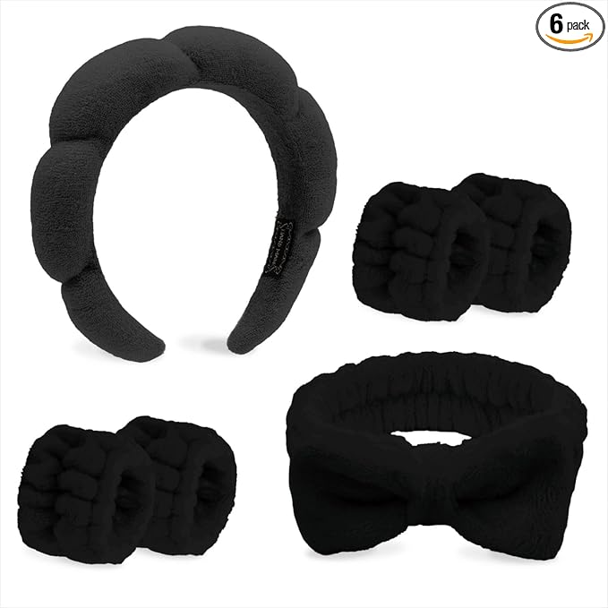 Black Spa Headband and Wristband Set with Bow for Washing Face, Skincare, Makeup - Sponge Cloud Headband for Women Girls