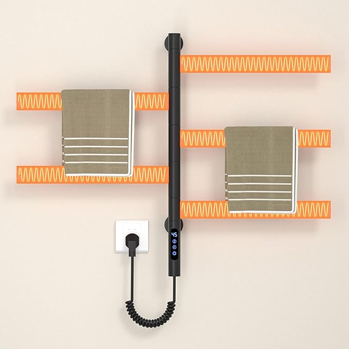 Smart Rotating Heated Towel Rack for Bathroom Black, VOKIM 5-Bar Wall-Mounted Electric Towel Warmer with Swivel Bars, Stainless Steel, IPX4